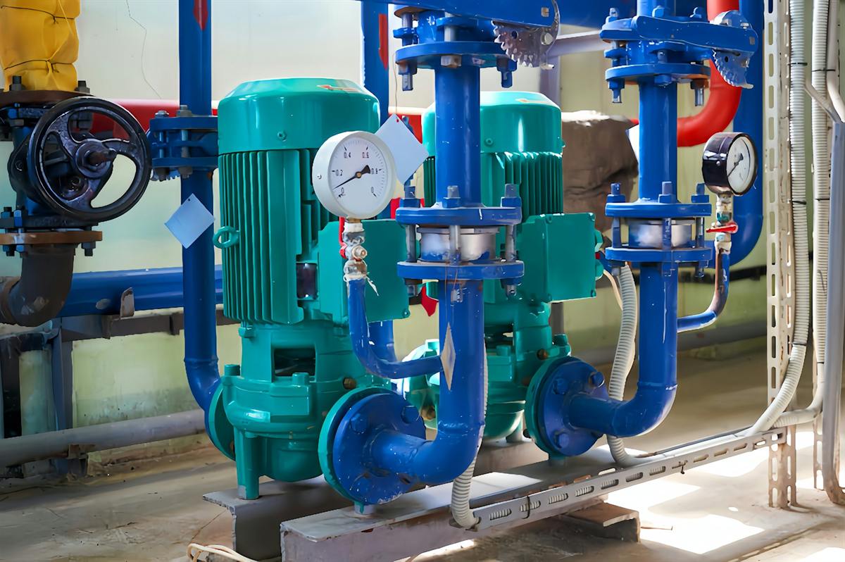 Centrifugal pumps with pressure gauges installed in an industrial plant room